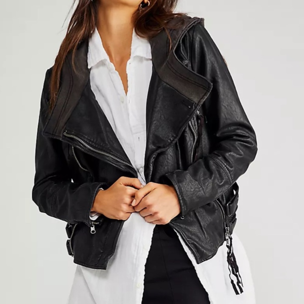 Free People Cleo Hooded Vegan Suede Moto Jacket in Black - Size Medium